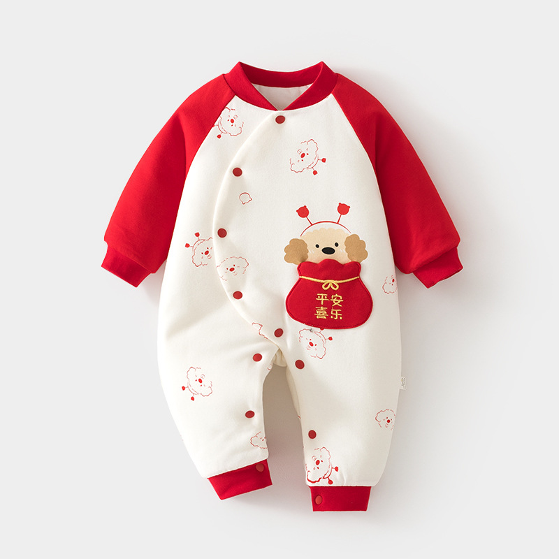 婴儿连体衣120克加棉宝宝夹棉秋冬外出哈衣大红色加厚棉爬服拜年