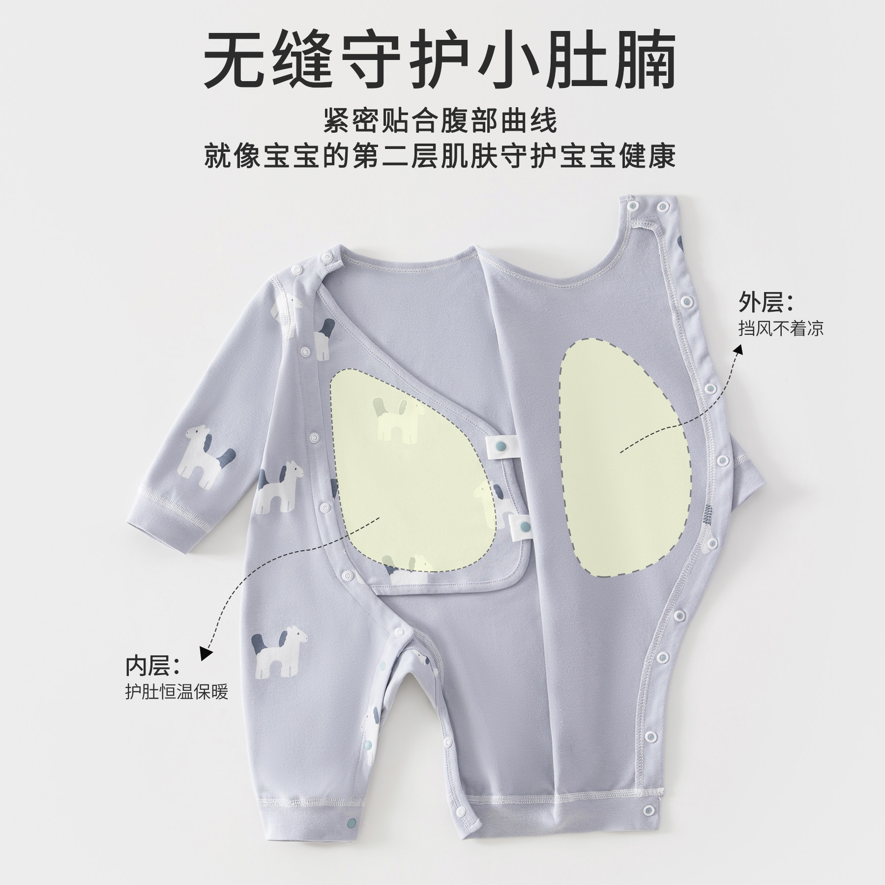 婴儿衣服纯棉a类春秋长袖哈衣护肚爬服满月小月龄宝宝小马连体衣