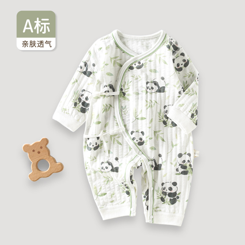 婴儿连体衣夏季薄款双层护肚长袖空调服新生儿蝴蝶衣初生和尚哈衣