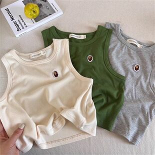 儿童黑色背心2025夏新款刺绣潮牌弹力T男女童纯色贴标无袖T恤宝宝