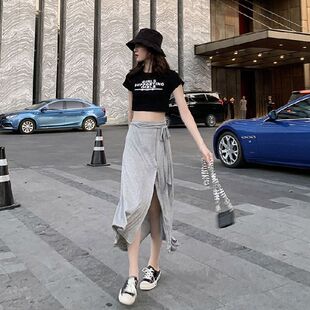 裙子女学生韩版性感高腰开叉半身裙2026夏季新款开叉裙绑带中长裙