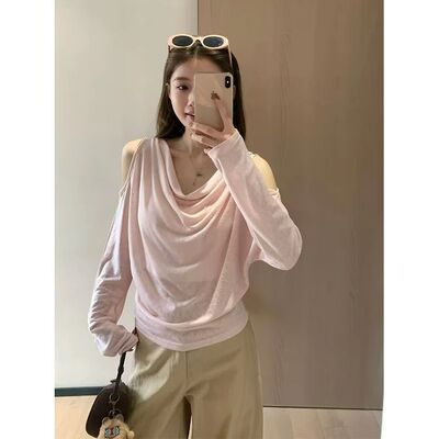 云边有信~设计感荡领露肩长袖T恤女早秋季上衣