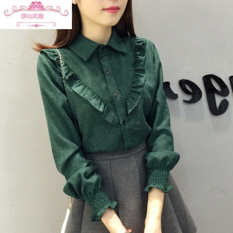 2019 Spring new pattern Korean Edition fashion Versatile shirt Easy Lotus leaf corduroy shirt Long sleevein the Women's clothing/Boutique , Shirt  category - from Buy2taobao.com to provide professional Taobao agent buy service