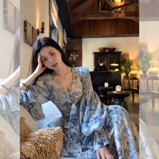 法式绝美碎花雪纺长袖连衣裙女夏季海边度假高级感气质收腰长裙子