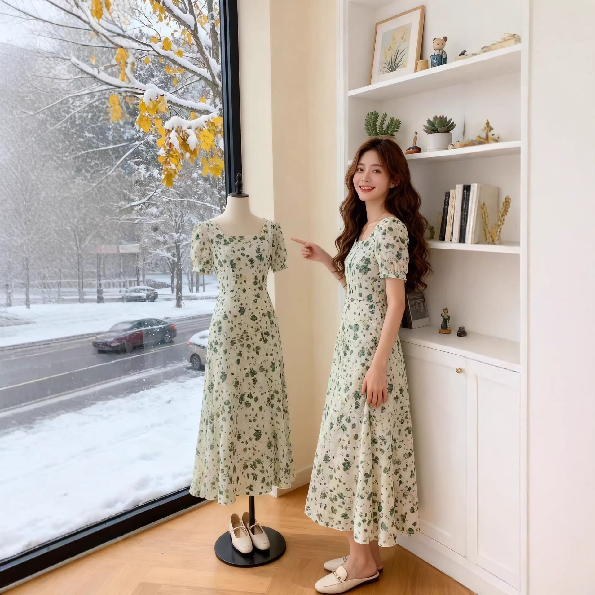 绿色碎花连衣裙女夏2025新款小个子显瘦中长方领a字雪纺仙女裙子,女装/女士精品,连衣裙,淘宝优惠券,粉丝福利购,淘宝优惠卷