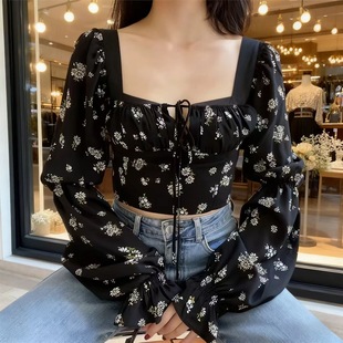 辣妹长袖上衣碎花薄款设计欧美风新款欧美泡泡方领法式秋冬短款