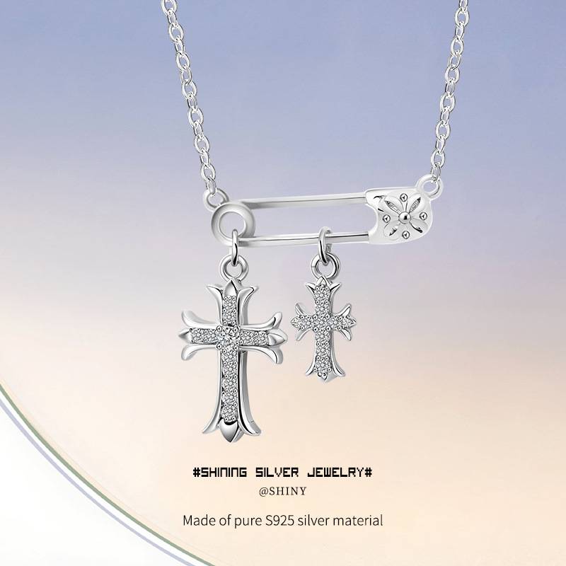 轻奢回形针十字架吊坠项链女小众高级感别针超闪镶锆锁骨链首饰品