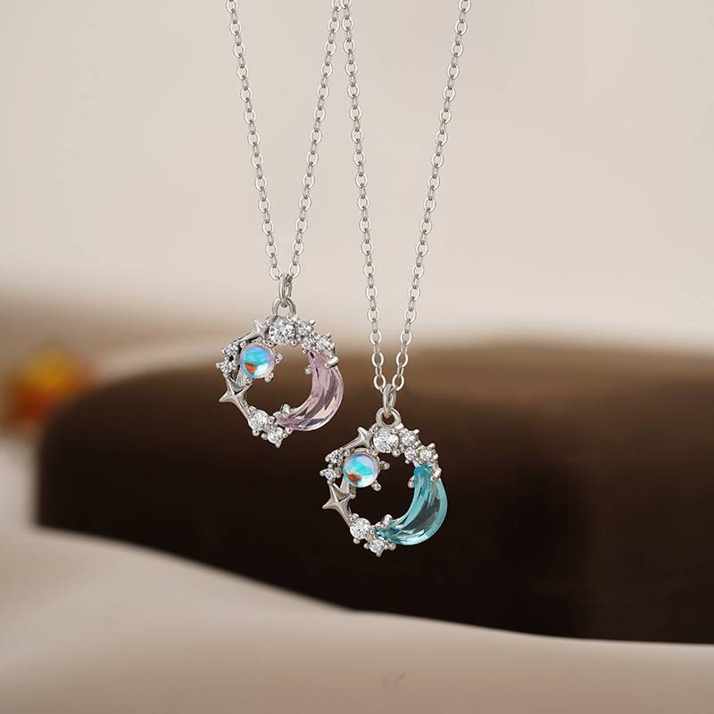 S999足银小清新汪泉月亮项链甜美小众设计温柔锁骨链