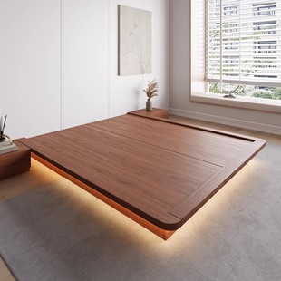 日式实木榻榻米小户型床头柜悬浮床胡桃色无床头带灯定制地台矮床