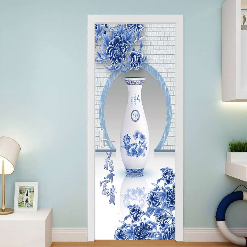 中国风花开富贵青花瓷门贴卧室客厅装饰画防污自粘可移除墙贴图片