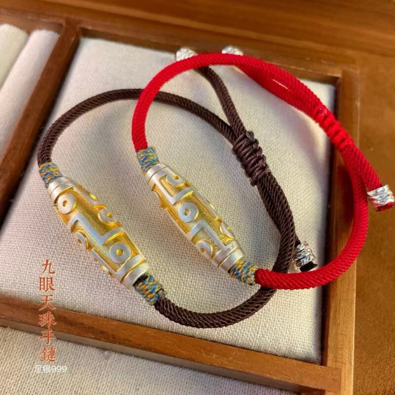足银999九眼天珠手链手绳情侣款手工编织原创设计国潮风天珠2.4g