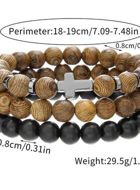 Hot-selling men's cross wooden bead elastic bracelet set男士