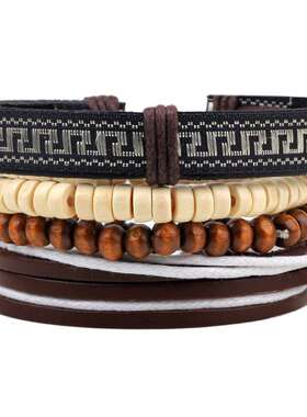 义乌货源小商品 跨境欧美风真皮手链木珠编织手饰男百搭高级感