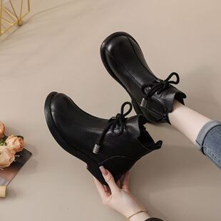 品牌特价真皮平底短靴女复古系带圆头马丁靴冬季加绒保暖妈妈棉鞋