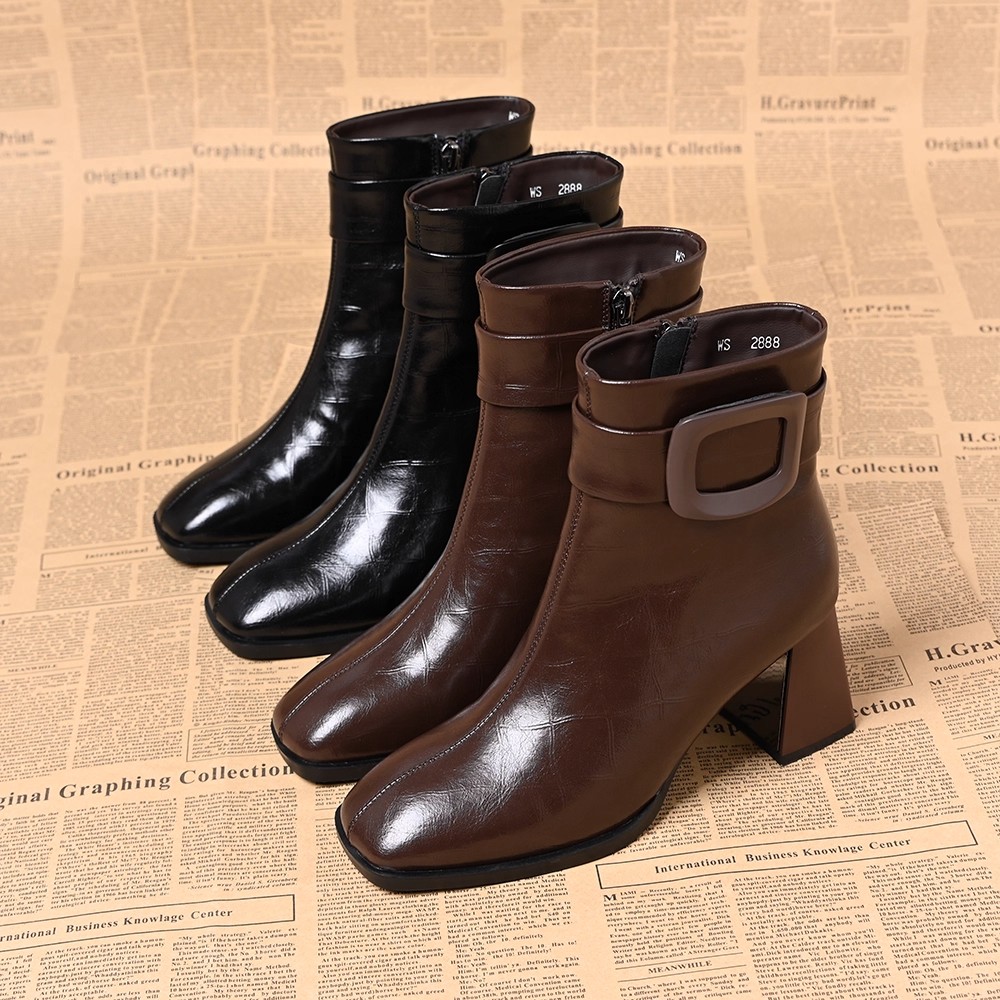 品牌撤柜女鞋粗跟方头短靴女2025新款法式高跟马丁靴气质百搭单靴