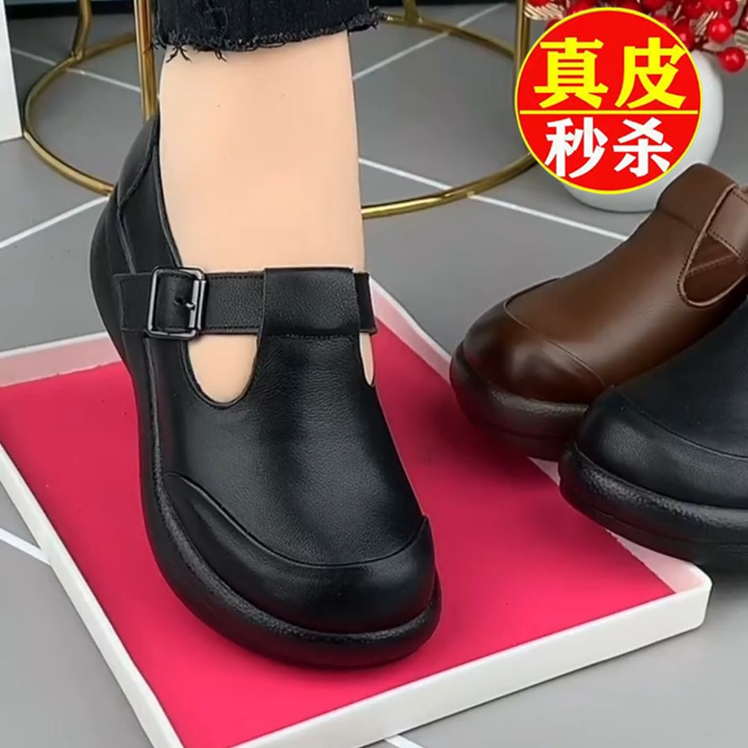 2025春季新款真皮厚底圆头坡跟单鞋女中老年防滑透气复古风妈妈鞋