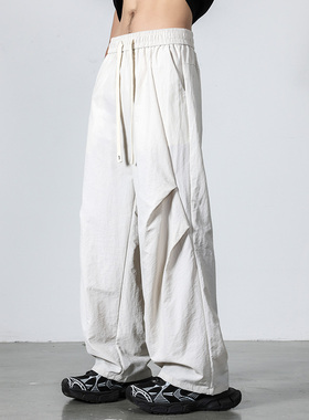 夏季褶皱冰丝裤子伞兵裤男宽松直筒休闲裤港风垂感长裤显瘦空调裤