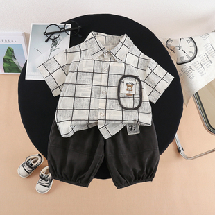 韩版衬衫男童夏季装2026新款短袖0-6岁儿童宝宝潮帅气格子两件套