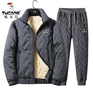 羊羔绒两件套春秋加厚休闲长裤 男士 保暖棉服男 加绒套装 啄木鸟冬季