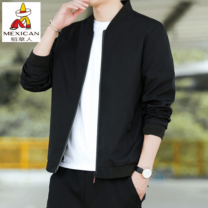 稻草人春秋季男士纯色外套新款休闲棒球服加绒加厚上衣男薄款夹克