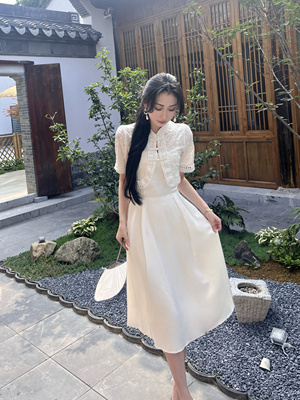 新中式国风珍珠盘扣上衣绸缎连衣裙改良旗袍两件套夏季小个子套装
