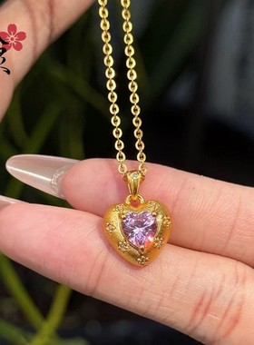 2026古法沙金项链 轻奢拉丝爱心粉锆套装戒指女小众轻奢锁骨链高