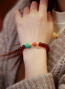 2025天然8MM血珀南红单圈手串 松石回纹珠路路通吊福牌手链民族风