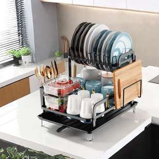 2203家居厨房双层沥水架多功能砧板架接水盘现代简约碗碟简约风格