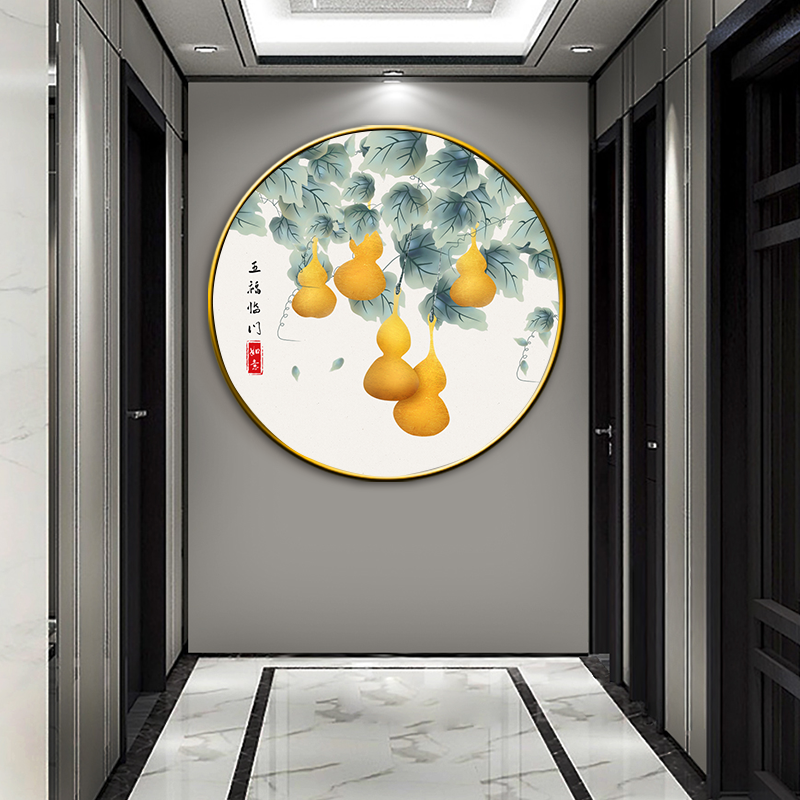圆形装饰画五福临门玄关走廊挂画客厅沙发背景墙中式招财葫芦壁画,家居饰品,现代装饰画,淘宝优惠券,粉丝福利购,淘宝优惠卷