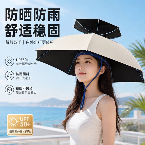 力丸双层头戴雨伞帽免手持折叠