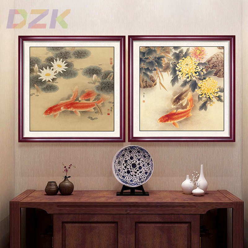 年年有余挂画客厅入户玄关卧室装饰画沙发背景墙荷花方形水墨国t9图片