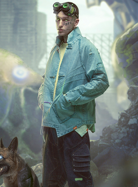 不作恶「智械唐装」中国风赛博朋克街头磨损破坏水洗牛仔唐装春季