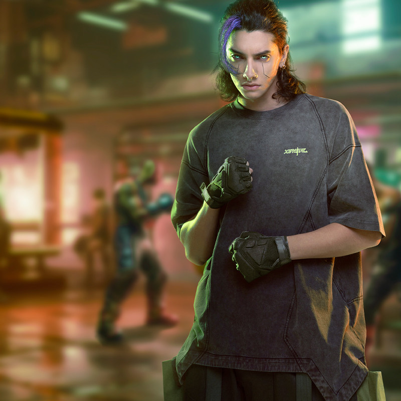 不作恶「街拳反应生态服-夜光」赛博朋克街头宽松水洗渐变短袖T恤,男装,T恤,淘宝优惠券,粉丝福利购,淘宝优惠卷