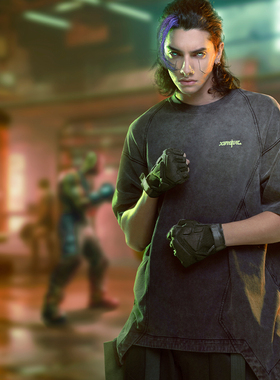 不作恶「街拳反应生态服-夜光」赛博朋克街头宽松水洗渐变短袖T恤