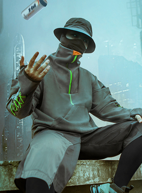 不作恶「叛客卫衣」赛博朋克城市机能风麂皮绒高领抽绳卫衣外套