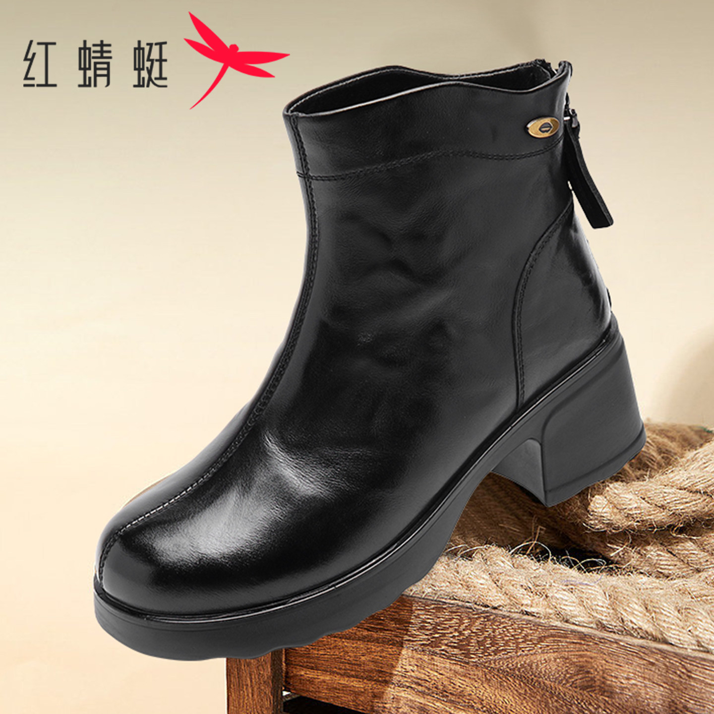 红蜻蜓女鞋牛皮加绒保暖短靴