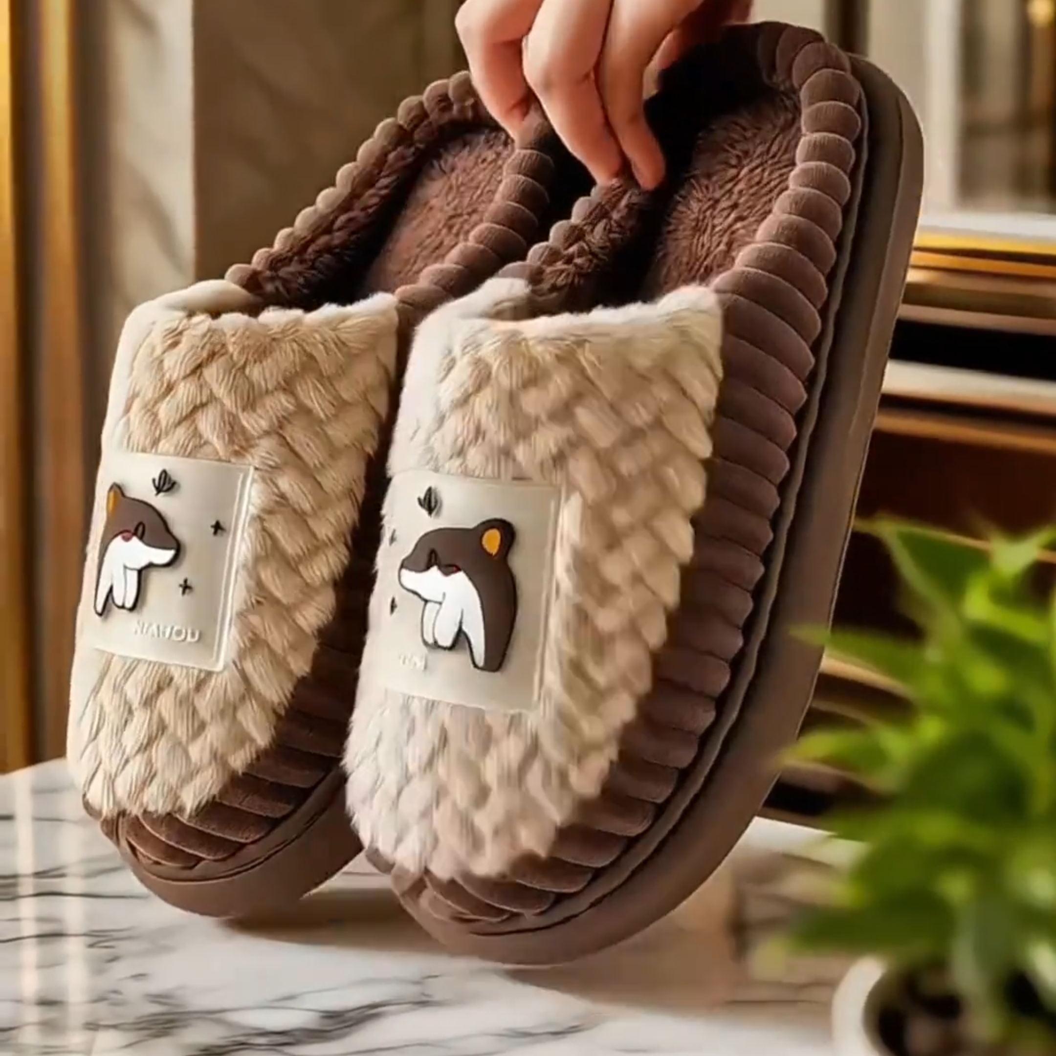 拖鞋男款秋冬可爱海豚棉拖女居家加绒保暖月子鞋女包头防滑棉拖鞋