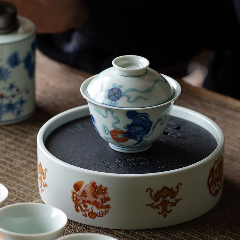 仿古彩青花二才盖碗陶瓷单个复古泡茶碗茶壶茶杯釉里红功夫茶具
