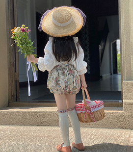 xixbaby女童秋冬新款复古印花背带裤南瓜短裤长袖衬衫套装2