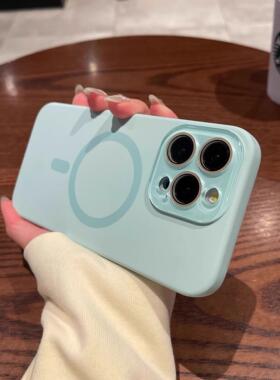 Magsafe磁吸小视窗适用苹果16Promax手机壳iPhone14液态硅胶13/12玻璃镜头15pro简约纯色14Promax情侣手机套