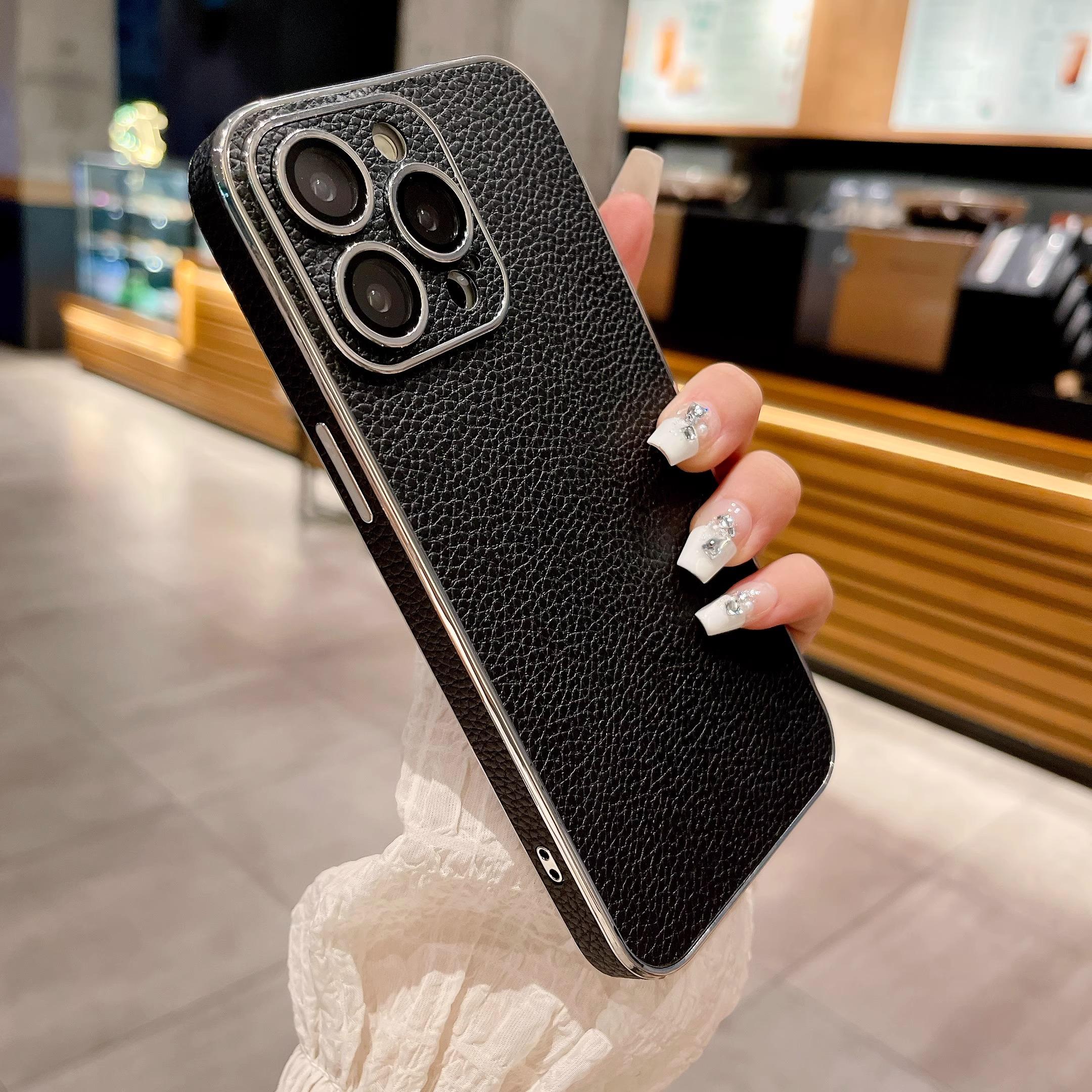 【自带镜头膜】适用苹果16promax手机壳新款iphone15全包防摔保护套13荔枝纹素皮后壳12高级感男11电镀女14pm