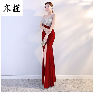 黑色晚礼服新款高级感轻奢小众高端名媛绝美开叉鱼尾主持人长裙女