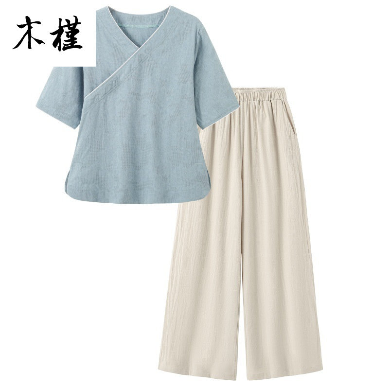夏新款中式女装文艺复古棉麻领短