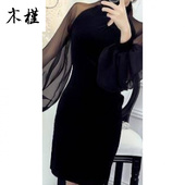 短裙旗袍 复古高腰显瘦连衣裙开叉性感雪纺拼接灯笼袖 2025春季 新品