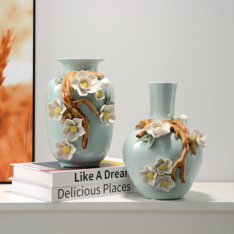 新中式陶瓷手工花瓶摆件玄关客厅电视柜插花小瓷瓶轻奢高档装饰品