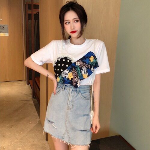 Female summer 2019 new pattern Wave design printing Mosaic Short sleeved Easy False two Primer white jacketin the Women's clothing/Boutique , T-shirt  category - from Buy2taobao.com to provide professional Taobao agent buy service