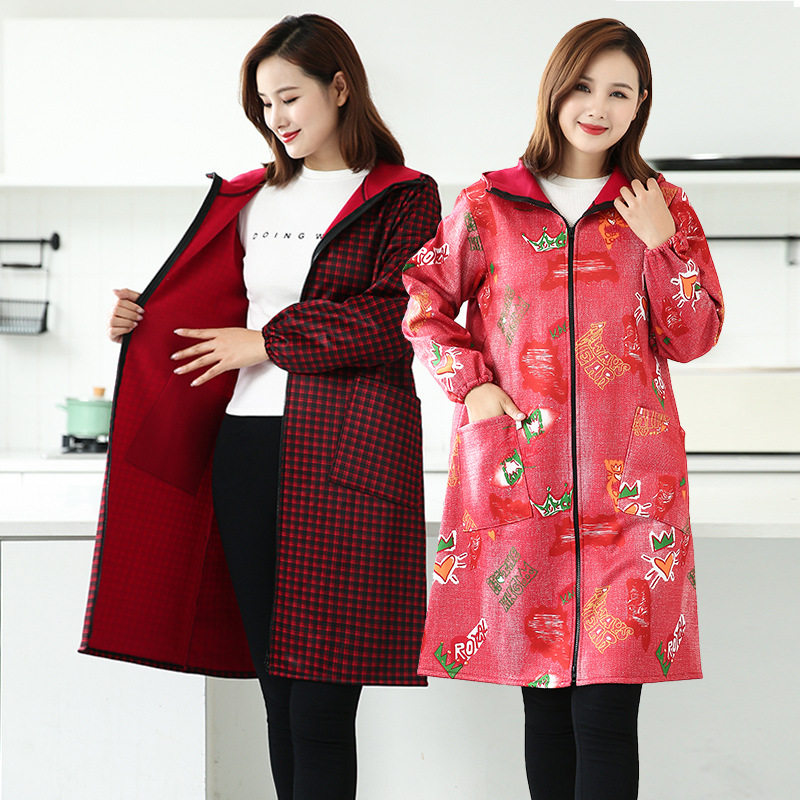 厨房做饭穿的衣服冬天加绒女士干活专用罩衣大人工作服防水油围裙