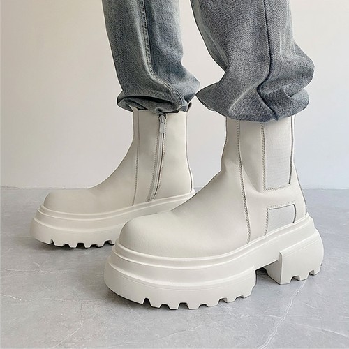 白色马丁靴男休闲拉链套脚切尔西靴子英伦高帮皮鞋男真皮时装短靴