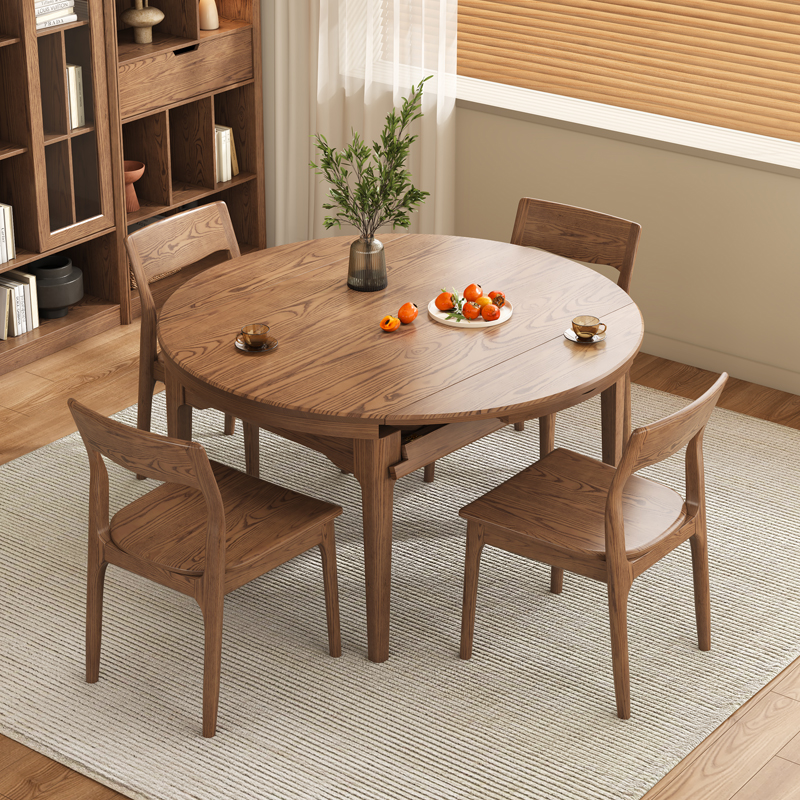 现代简约实木餐桌可伸缩饭台饭桌折叠圆形餐桌椅组合白蜡木圆餐桌