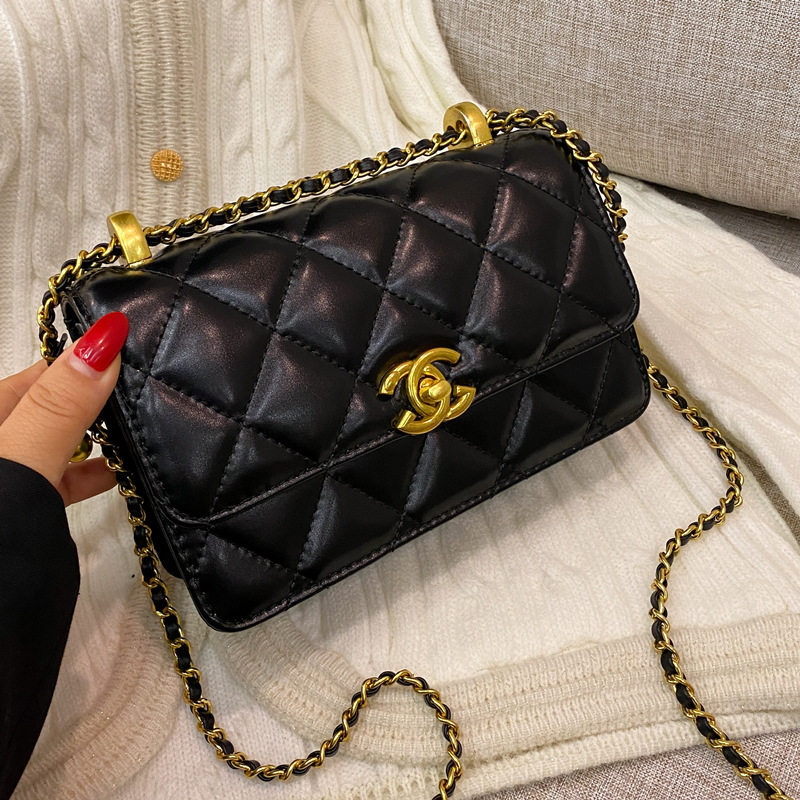 2021新款小香风包包菱格链条包女潮ins真皮方胖子斜挎包小金球包